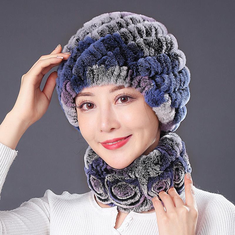 Hat Female Autumn Winter Trendy Versatile Rex Rabbit Hair Cycling Warm Ear Protection Fur Hat Scarf Set