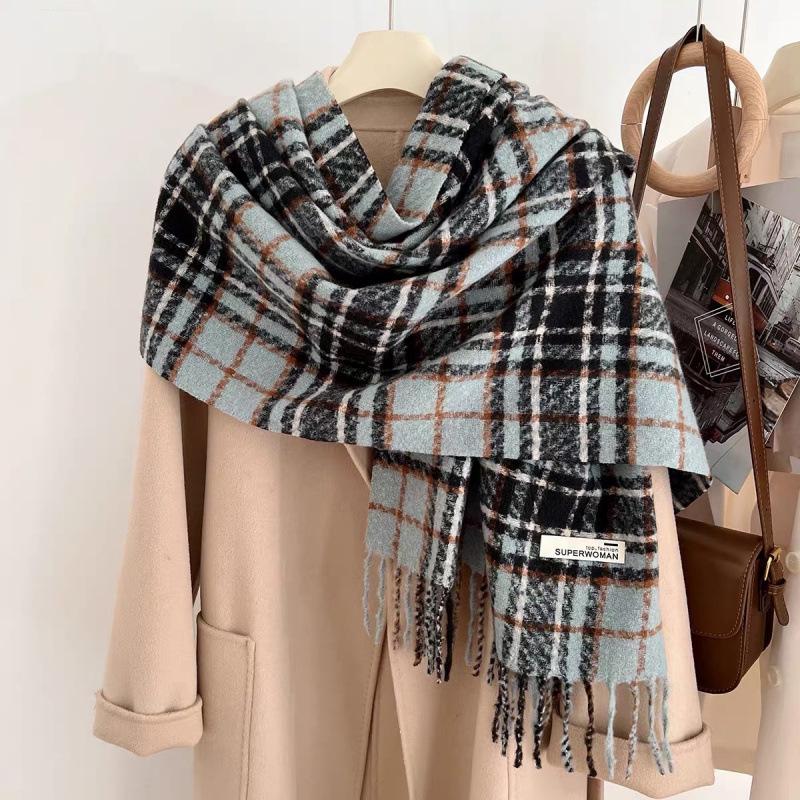 Plaid Korean Style Scarf 2025: Imitation Cashmere, Tassel Shawl for Autumn/Winter, Warm Thick Neck Warmer for Couples