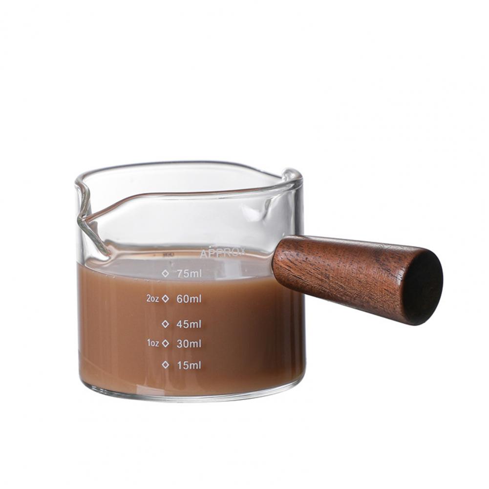 

70/75/150ML Double Spout Wooden Handle Coffee Cup Heat Resistant Multipurpose Clear Scales Milk Coffee Measuring Cup For Home
