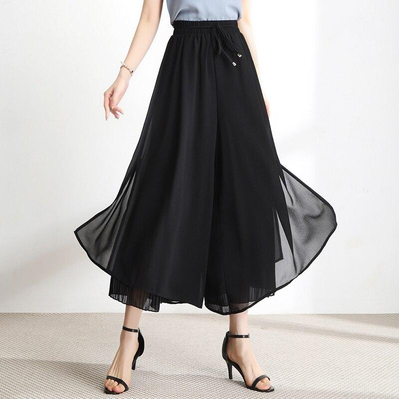 Dámské kalhoty plus size Dámské šifonové jednobarevné kalhoty se širokými nohavicemi Elastické kalhoty