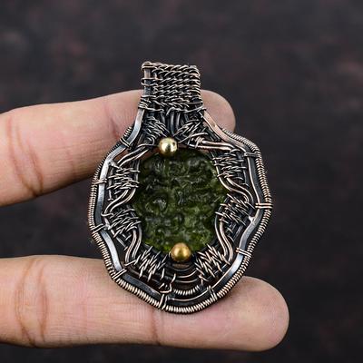 Moldavit Anhänger Kupferdraht gewickelter Anhänger Handgefertigter Schmuck Echter Edelsteinanhänger Geschenk für Mutter Kupferdrahtschmuck Designeranhänger