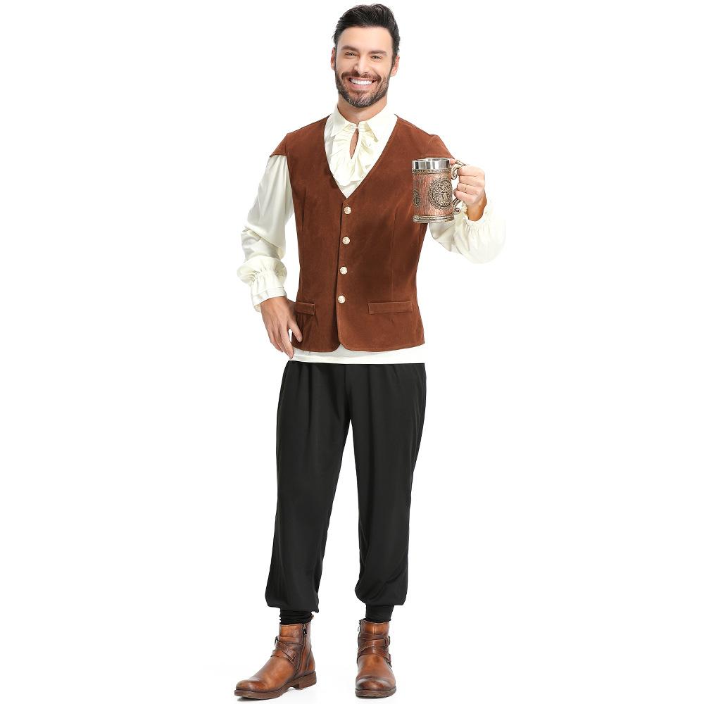 Adult Men Vampire Renaissance Pirate Knight Vest T Shirt Pants Set Halloween Cosplay Costumes Role Play Outfit