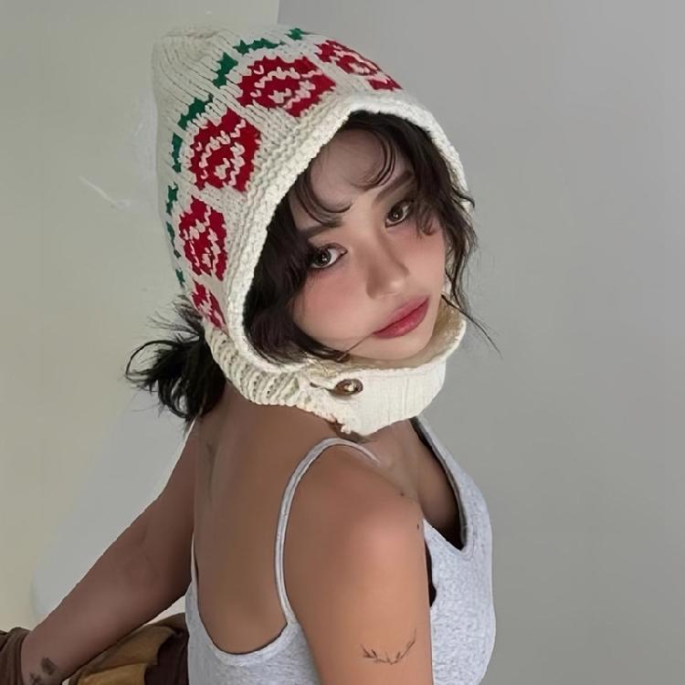 Popular Rose Pattern Balaclava Hat for Female Flower Neck Scarf Hat Elegant Warm Crochet Hat Breathable Ear Flap Caps