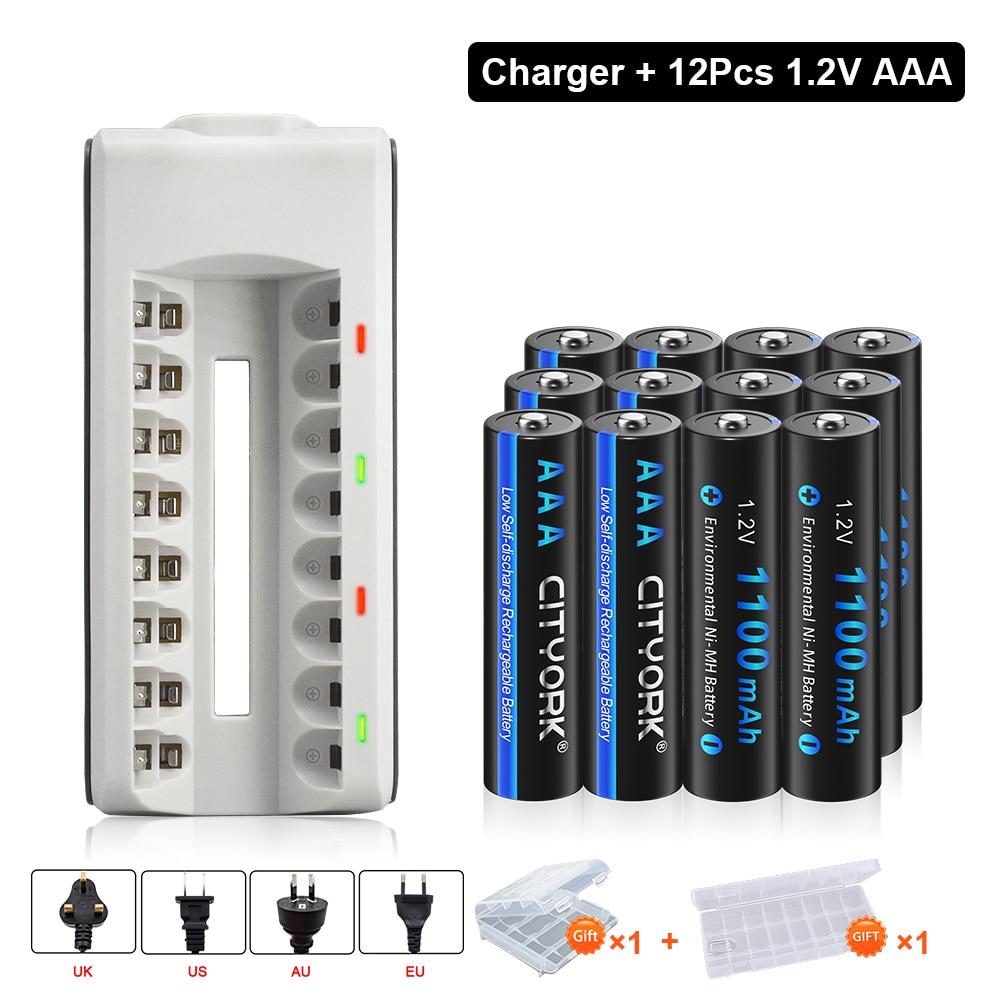Cityork 1,2 V AAA wiederaufladbare Batterie NI-MH 1100 mAh wiederaufladbare 3A-Batterien für LED-Taschenlampen-Spielzeugauto + 8 Steckplätze Ladegerät