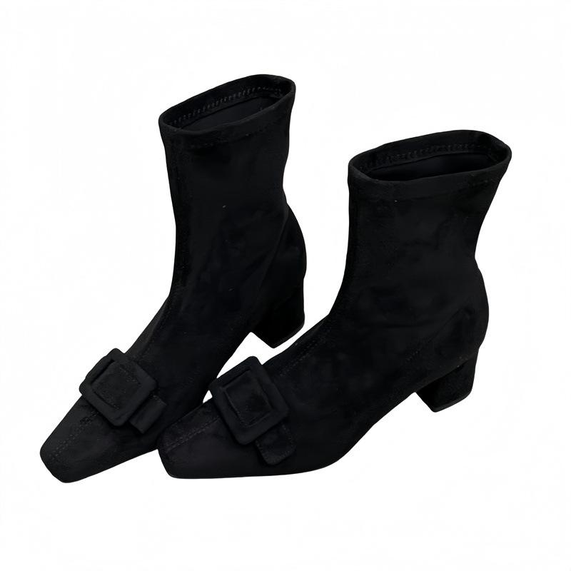 Herbst und Winter 2025 Retro Square Head Stiefeletten Herbst und Winter Neu Mattes Wildleder Schaftstiefel Damen Schnalle Dicke Ferse Dünne Stiefel