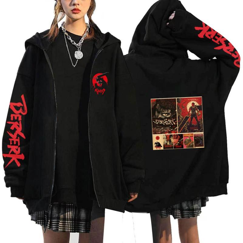Berserk Anime Hooded Zip-Up Sweatshirt Men Oversized Fleece-Lined Pullover With Drawstring Cap Side Pockets