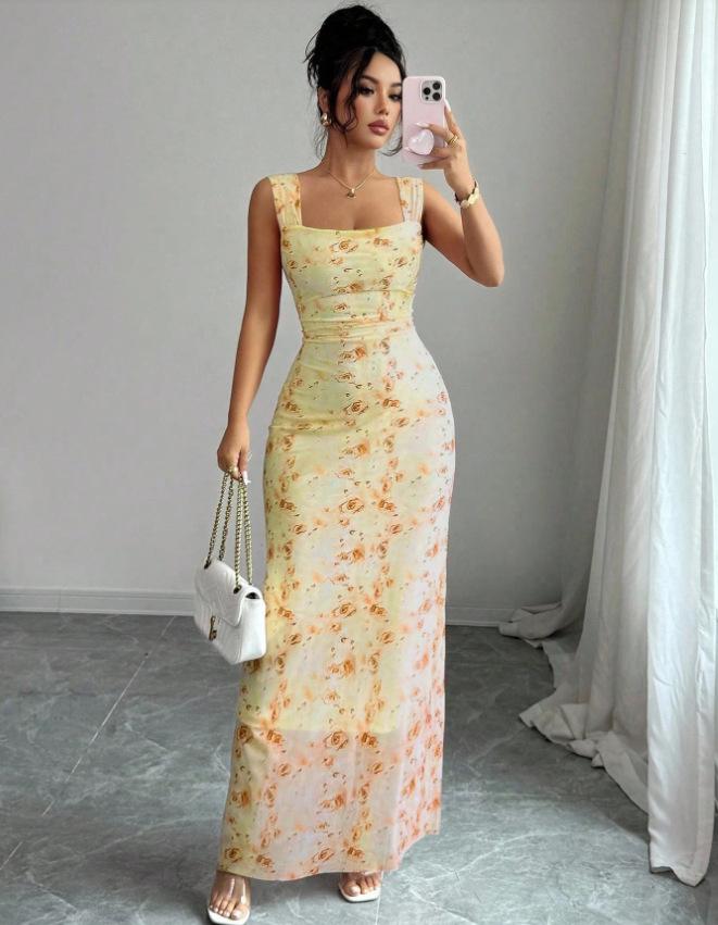 Cross-Border Floral Print Slim Fit Dress (Europe & America)