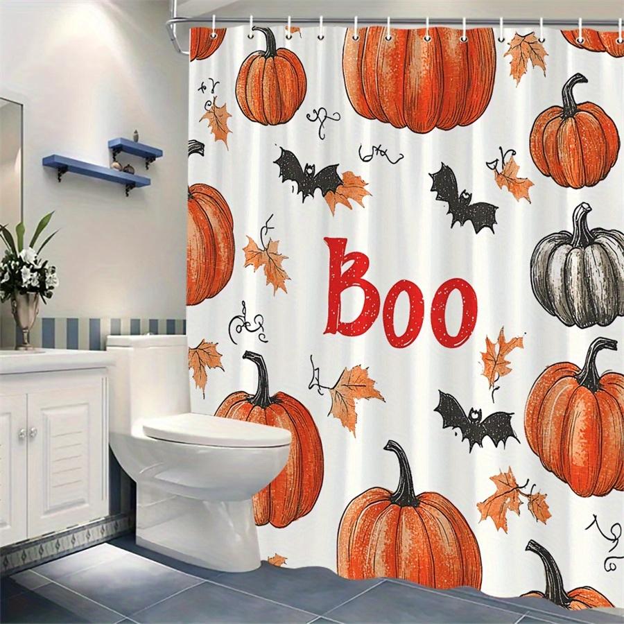 1 Halloween Pumpkin and Bat Shower Curtain - Spooky Boo design with red text, Machine washable polyester with hooks