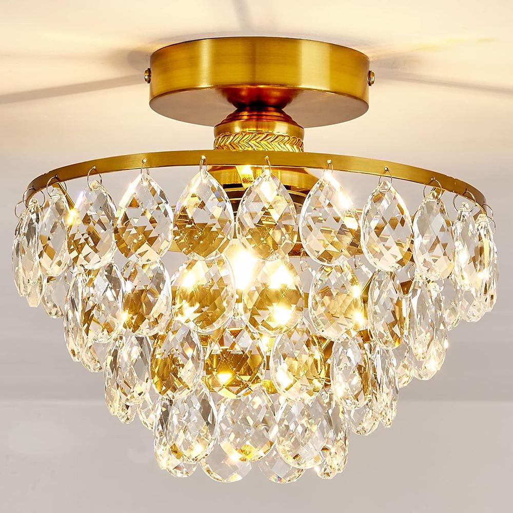 Modern Small Crystal Ceiling Light Fixture Mini Gold Semi Flush Mount Chandelier Light Fixture for Hallway Bedroom Bathroom Closet e27