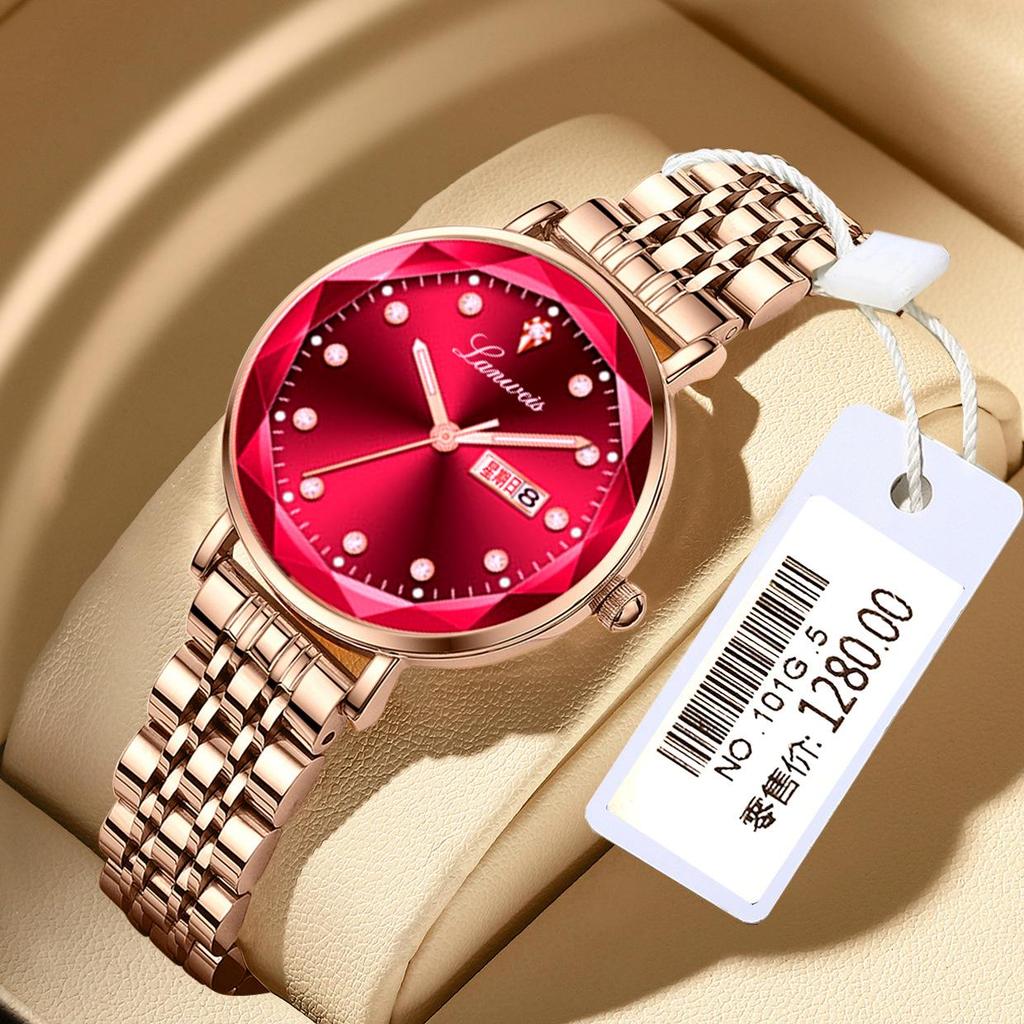 Origineel Dames Stalen Band Horloge met Vlinder Sluiting, Dubbele Datum, Lichtgevend, Waterdicht, Elegante Nieuwe Stijl.
