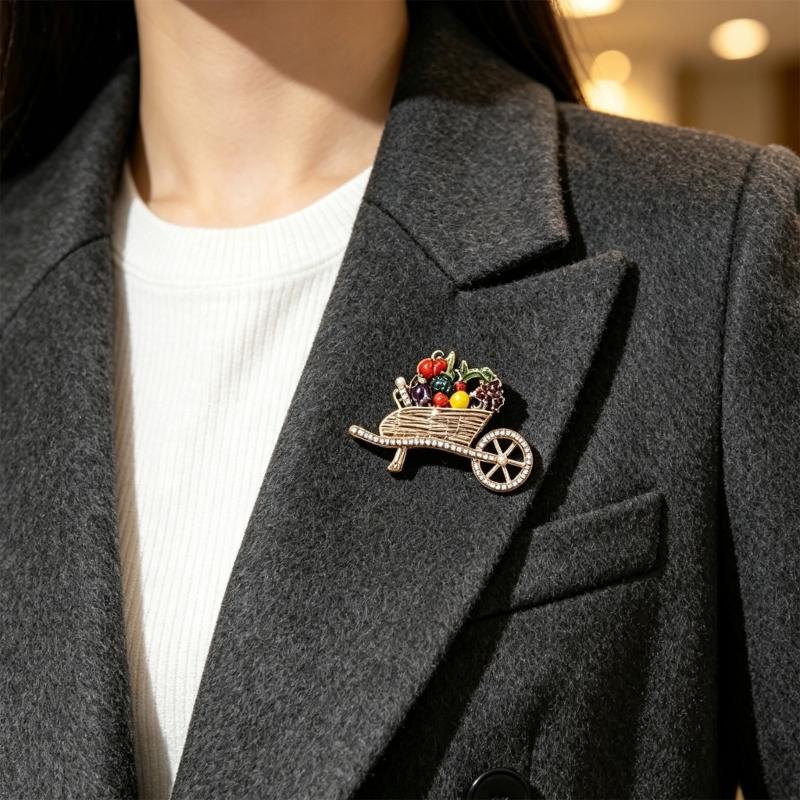 Harvest Wheelbarrow Brooch with Pumpkin and Vegetable Design, Antique-Look Alloy Pin with Raised Multicolor Details for Sweaters and Coats