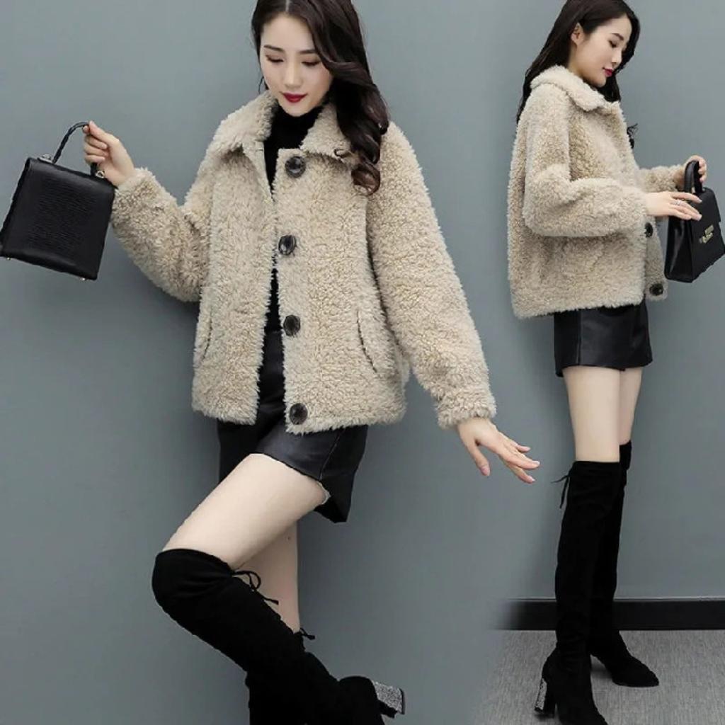 Women's Turn Down Collar Long Sleeve Cardigan Slim Fit Solid Fall Winter Faux Shearling Jacket