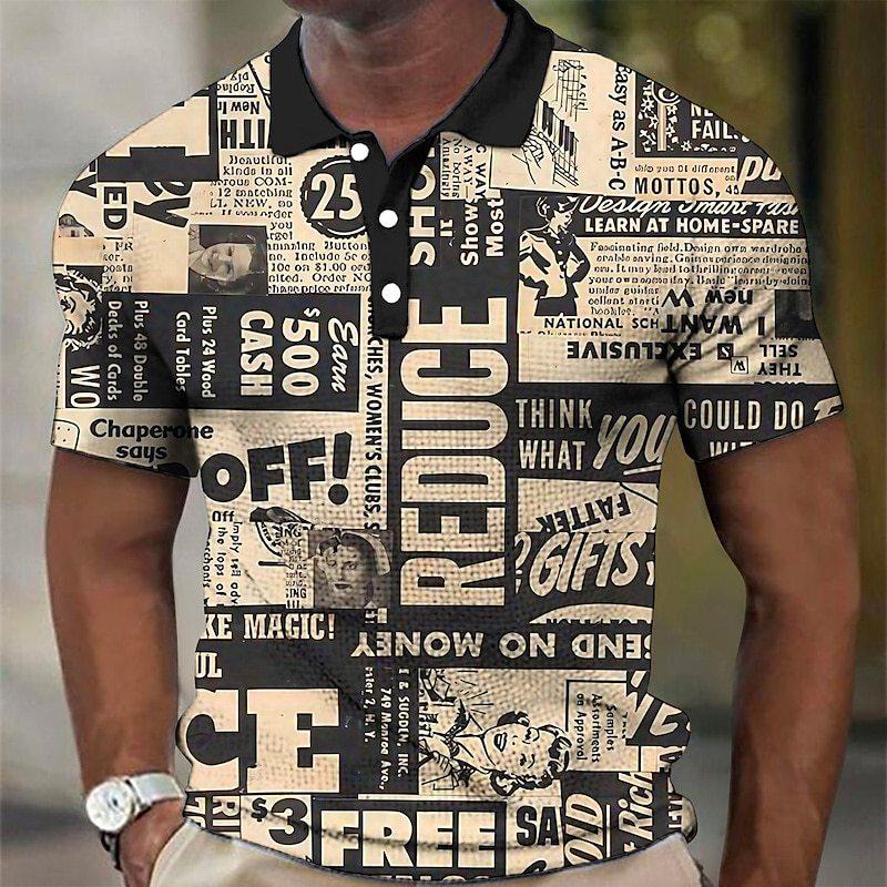 

Мужская удобная рубашка поло с 3D цифровой печатью в ретро газетном стиле 6XL