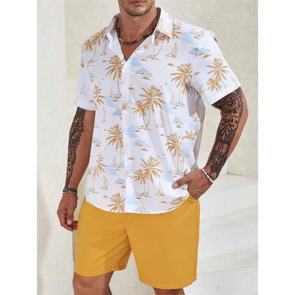 Summer New Men's Coconut Print Shirt Set High-quality Fashion Trend Shorts Hawaiian Style Casual Pool Top Outdoor Beach Two-piece Set
