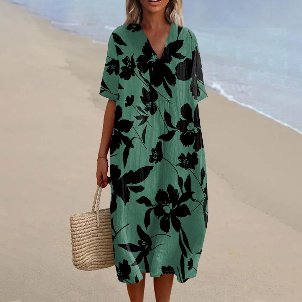 Women's Loose Casual Fashion V-Neck Printed Dress Beach Skirt