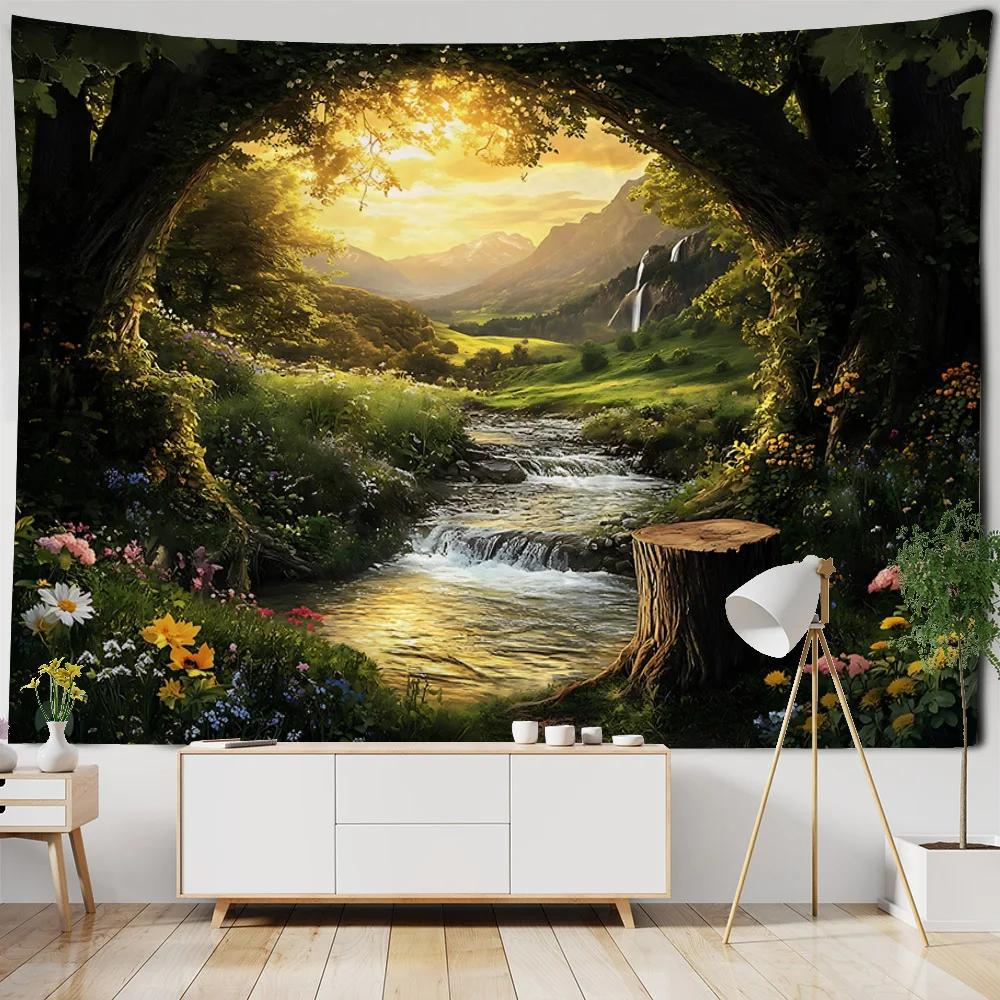 Natural Forest Waterfall Tapestry Bohemian Jungle Wall Hanging Home Art Decoration Living Room Bedroom Background Poster