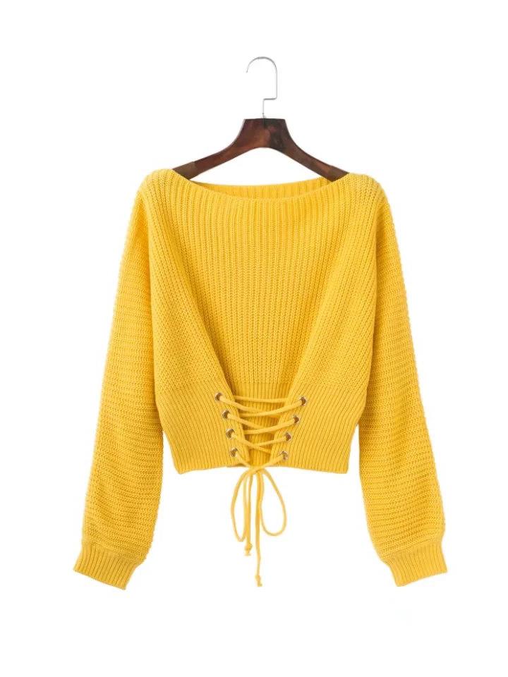 

2025 Autumn/Winter Women s Short Tie-Up Knit Sweater - European & American Trend One Size жовтий