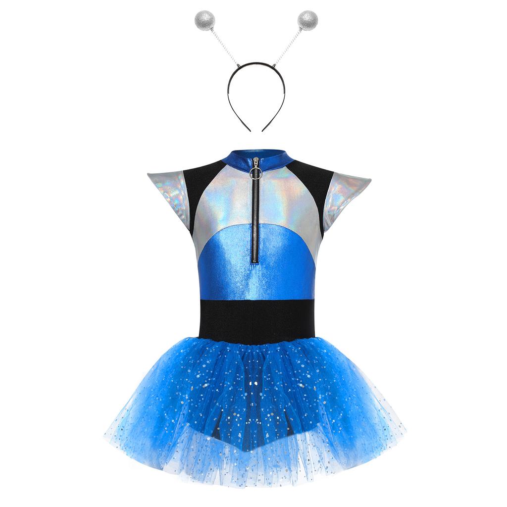 Kids Alien Cosplay Costume Short Sleeve Patchwork Shiny Spangles Dress Bodysuit with Alien Hair Hoop Set for Halloween Party Performance