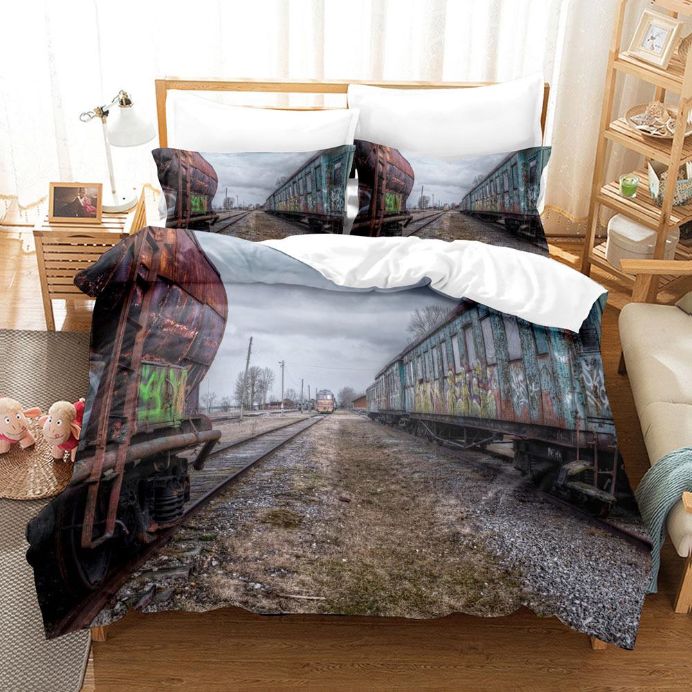 Steam Engine Duvet Cover Set Transportation Old Train King Queen Full Size Polyester Bedding Set for Teen Boys Adult Living Room