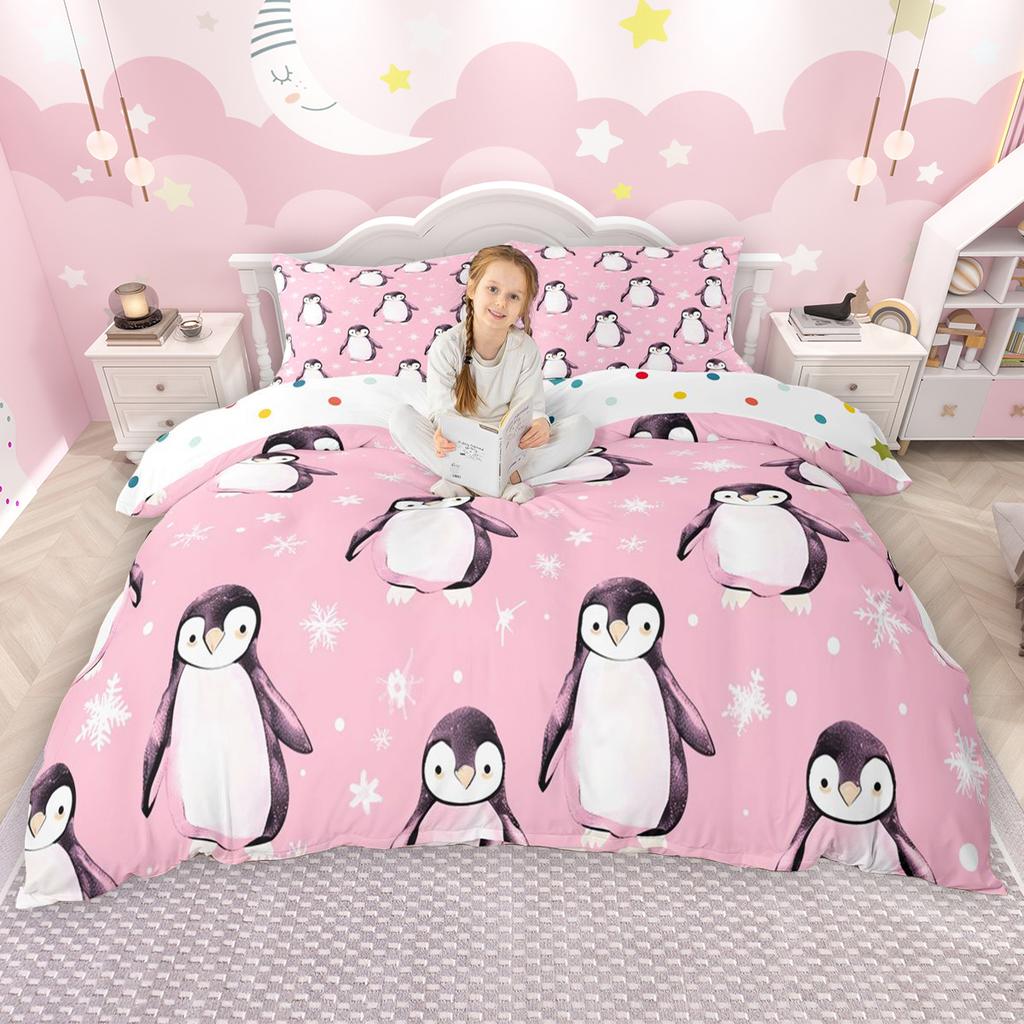 Homewish Cute Penguin Duvet Cover Set For Girls Boys Winter Snowflakes Comforter Cover Set Happy New Year Festival Bed Set