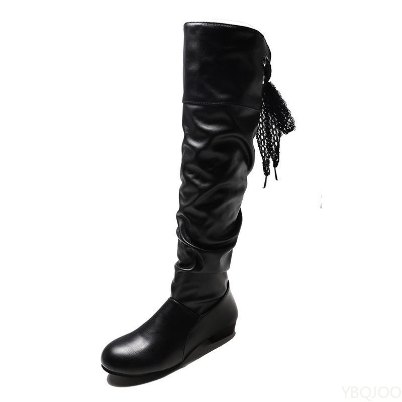 Fashionable Versatile Women High Boots Elegant Minimalist Autumn Winter New Style Pleated Women Comfortable Low Heel Boots