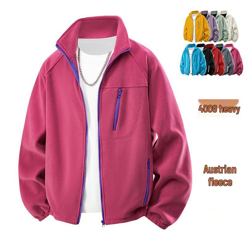 Унисекс Двусторонняя Коралловая Флисовая Зимняя Куртка с Воротником-стойкой и Цветовыми Блоками XL