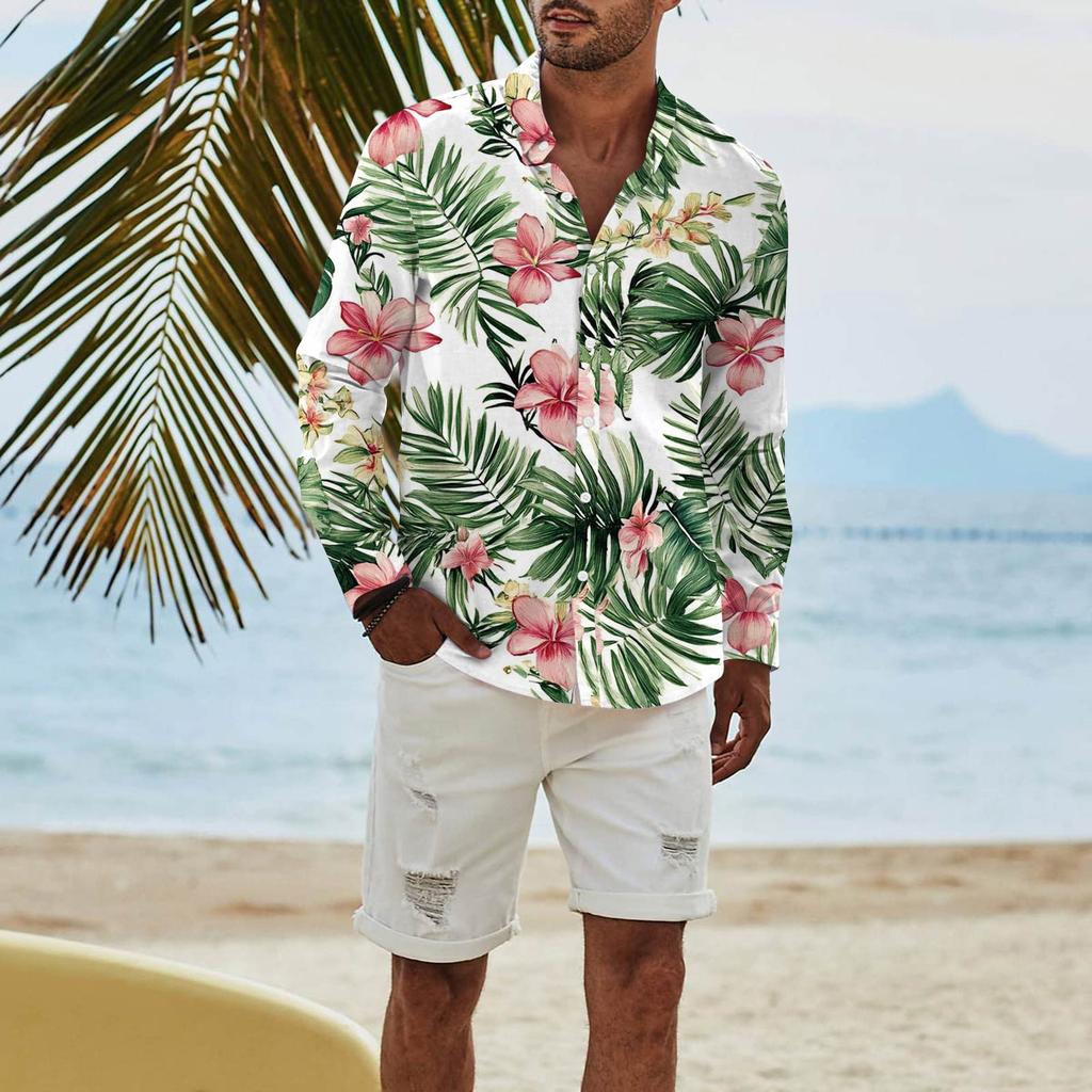 Men's Fashion Long Sleeve Printed Casual T Shirt Button Regular Fit Shirt Top