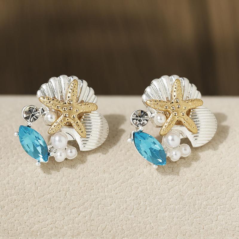 

Exquisite Crystal Starfish Shell Earrings for Women Ocean Style Blue Zircon Inlay Metal Stud Earring Gold Color Piercing Zircon