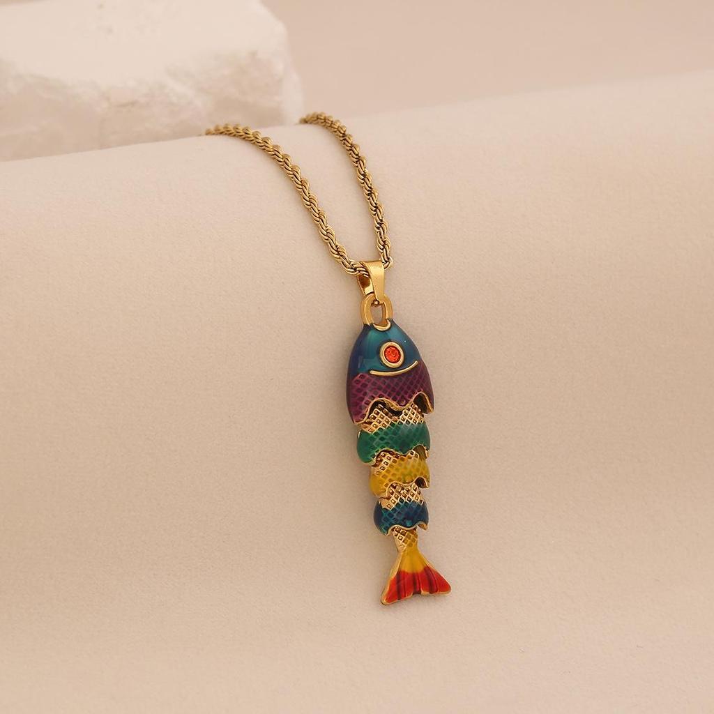 3D Vivid Carp Tropical Fish Pendant Necklace Colorful Stainless Steel Chain