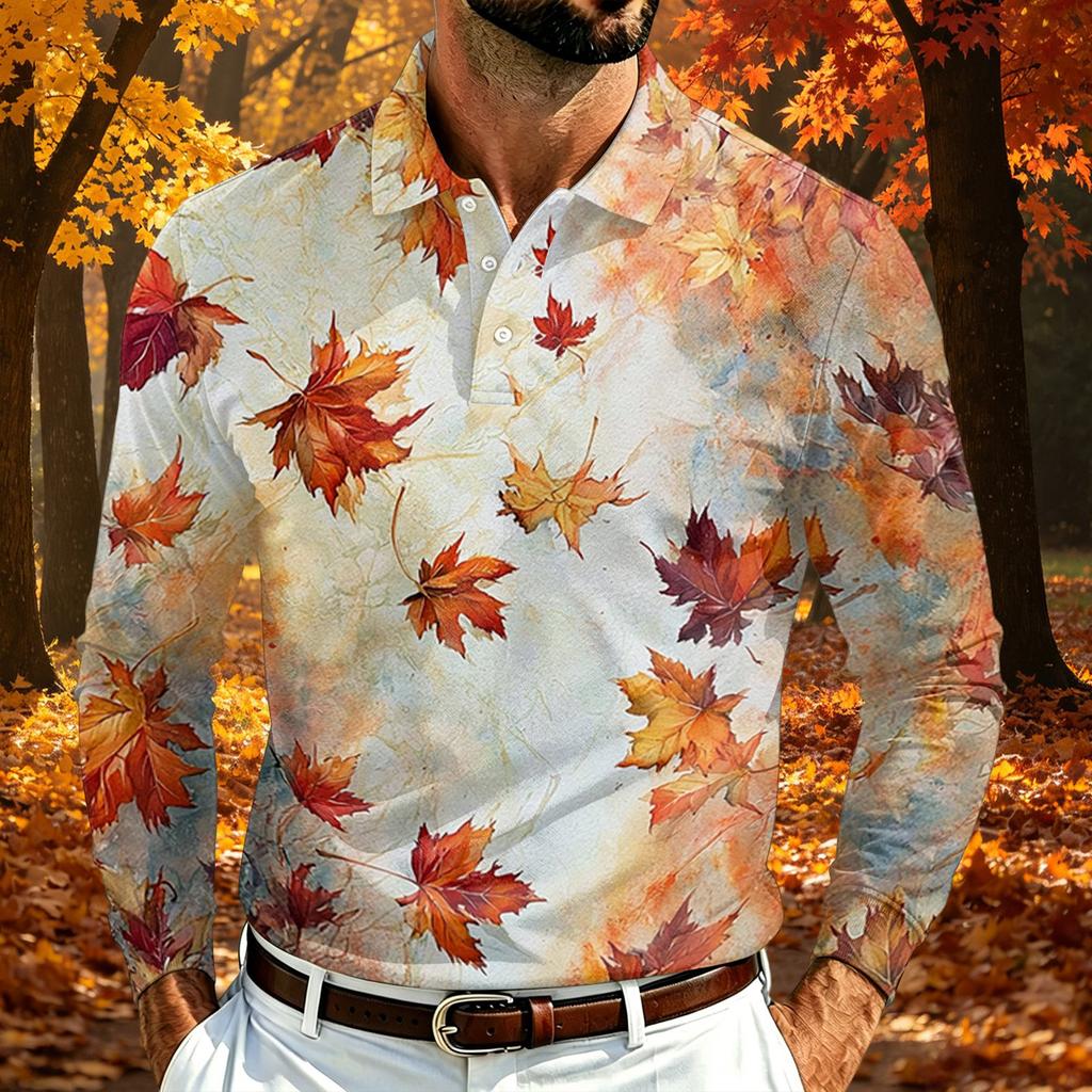 Camicia da Uomo a Maniche Lunghe in Rete con Collo a Revers e Stampa Foglia d'Acero Leggera Traspirante per Autunno e Inverno