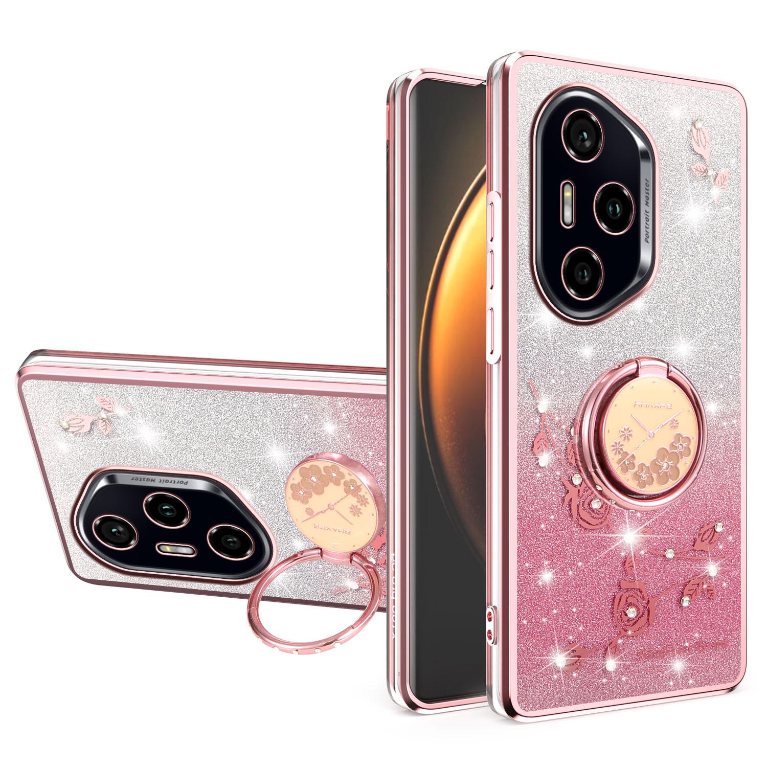 

For Honor 300 Pro Case Ring Kickstand TPU Flowers Phone Cover Gradient Glitter Rose Gold