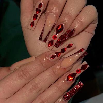 24 Teile/satz Schnelle Nägel Lange Rot Glitter Diamant Falsche Nials Aufkleber Tragbare Wasserdichte Maniküre Fertige Nägel