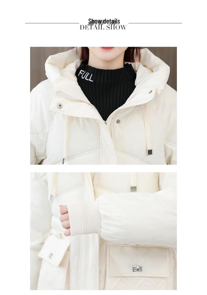 Women's Korean Style Hooded Mid-Length Cotton Jacket—Free Shipping, Solid Color, Loose Fit, Thickened for Winter Cold Protection.