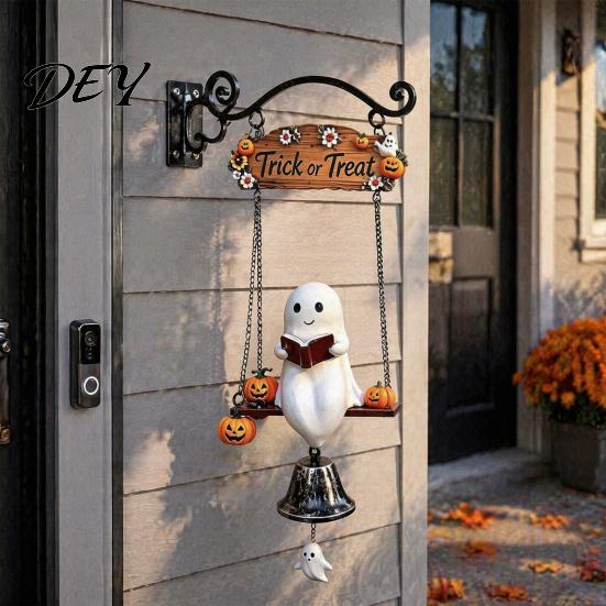 Halloween Hanging Bell Decoration Ghost Wind Chime Wall Hanging, Porch Yard Decor with Resin Metal Bell, Festive Vintage Farmhouse Ornament for Garden