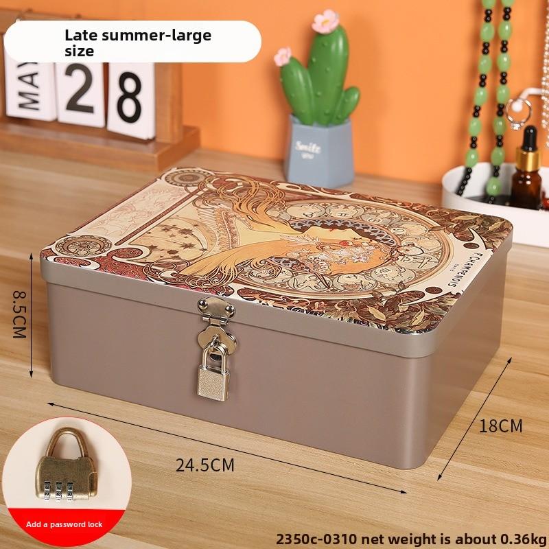 Retro Tinplate Box with Lock Key, Desktop Storage Box, Cosmetics, ID Storage, Household Jewelry Empty Box.