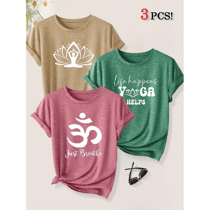 3er-Pack Yoga Meditation Figur Lotus Symbol Aufdruck Damen Kurzarm T-Shirts Sommer Herbst Sport Urlaub Freizeit Oberteile