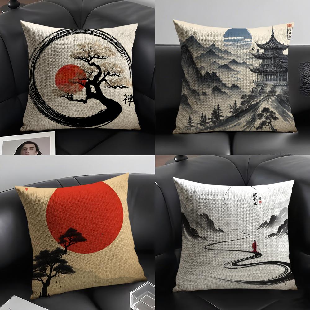 Chinese Ink Painting Style Pillow Case Natural Linen Organic Fabric Double-Sided Printing Sofa Home Decor Gift Cushion Cover