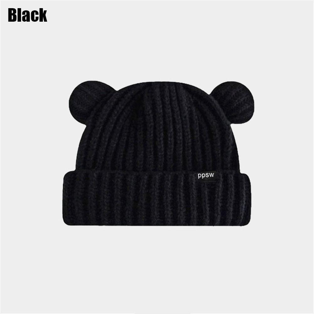 New Fashion Knitted Hat Women Girl Cute Bear Ear Knitted Hat Autumn Winter Warm Hat Couple Hat Elastic Woolen Knitted Hat Black