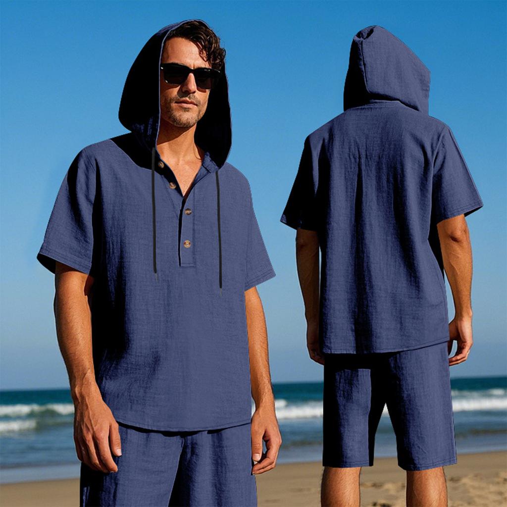 Men'S Loose Hooded Casual Short Sleeved Shirt Beach Shorts Set