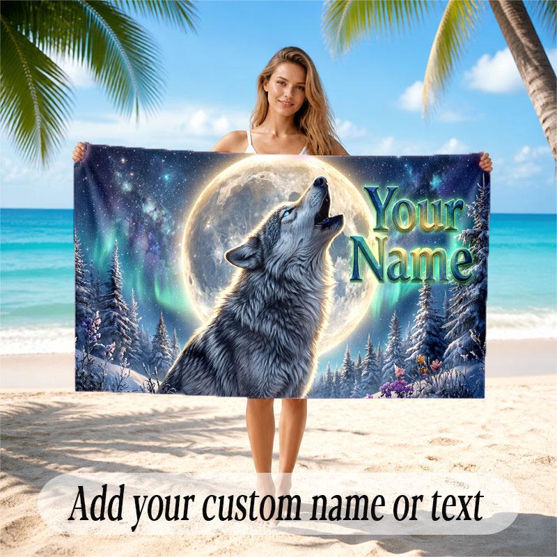 Wolf Theme Beach Towel Personalized Custom Name & Text Soft Quick Dry Beach Towel for Swimming Travel