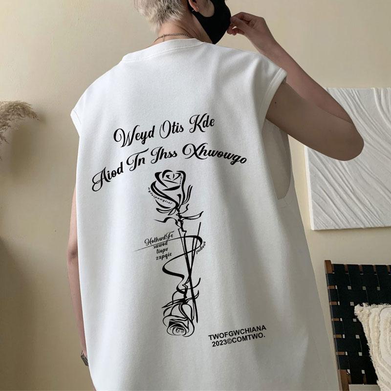 

Повседневные майки с принтом розы, летний молодежный стиль, без рукавов, свободные футболки, мужская одежда, американский ретро, круглый вырез, модные пуловеры S белый