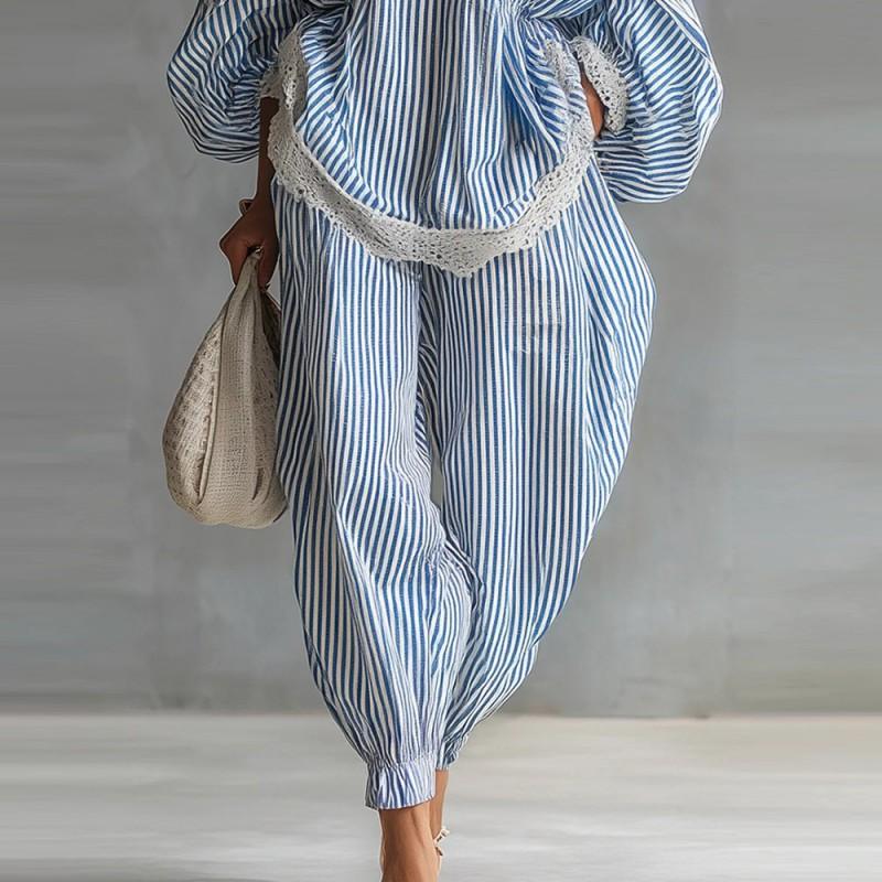 Women's Blue White Stripe Lace Loose Suit Casual Long-sleeved Wide-leg Pants Two-piece Set