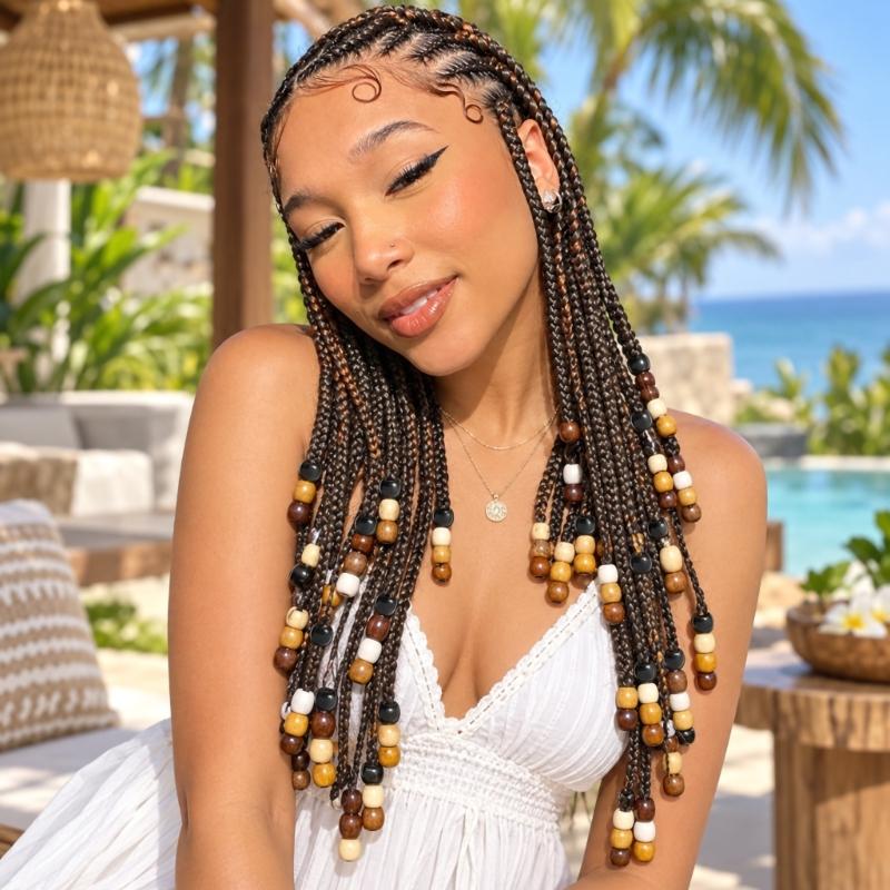 Large Hole Hair Beads for Braids and Dreadlocks, Painted Multicolor Decorations with Natural Wood-Inspired Look