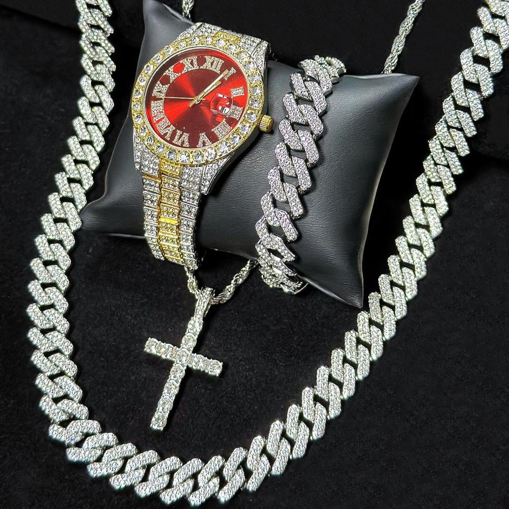 Luxury 4Pcs/Set Fully Iced Out Hip Hop Cross Cuban Chain Pendant Necklace Bracelet Quartz Watch for Men Women Jewelry