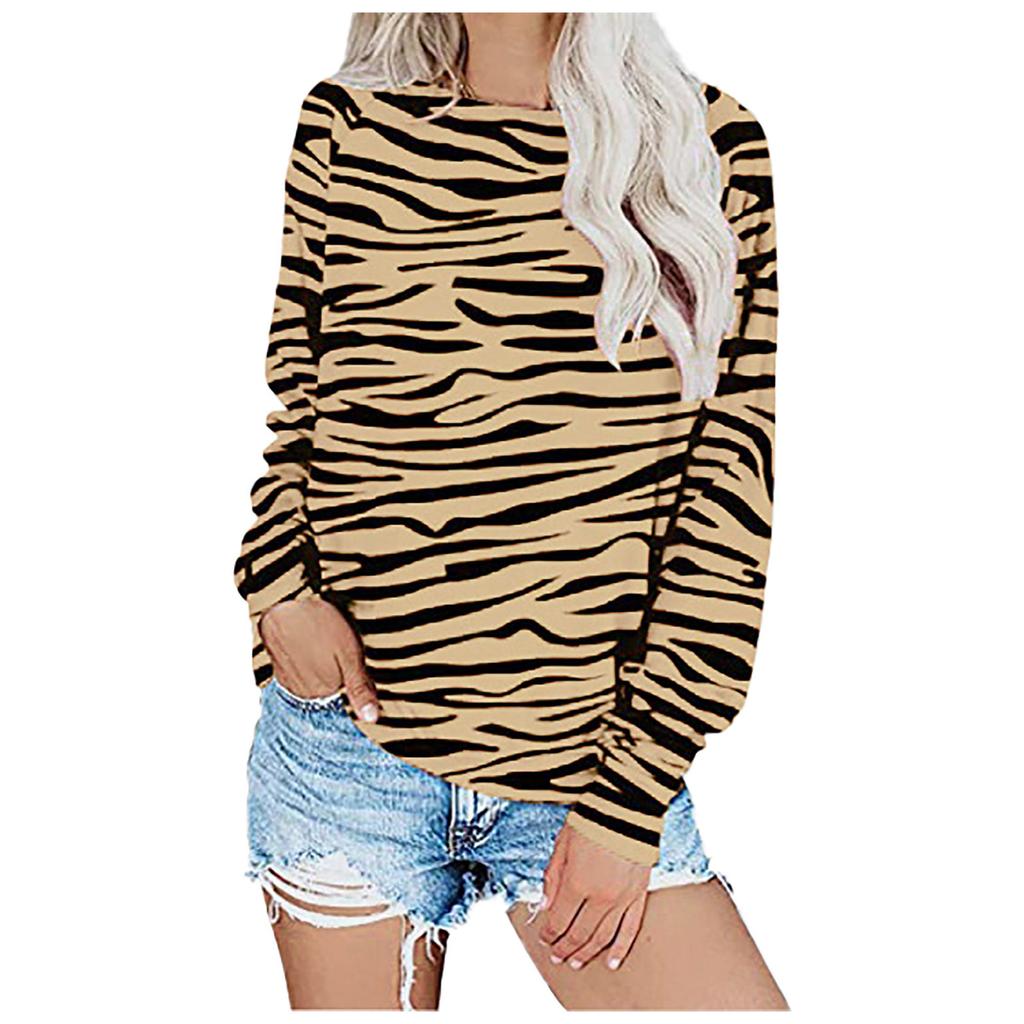 Fashion Women Loose Leopard Stripes Printed Blouse Long Sleeves T-Shirt Tops
