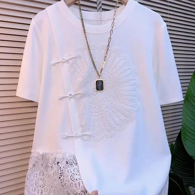 Summer Lace Patchwork Irregular Loose T-Shirts Short Sleeve Plus Size Street Casual Tops Vintage Women Clothing