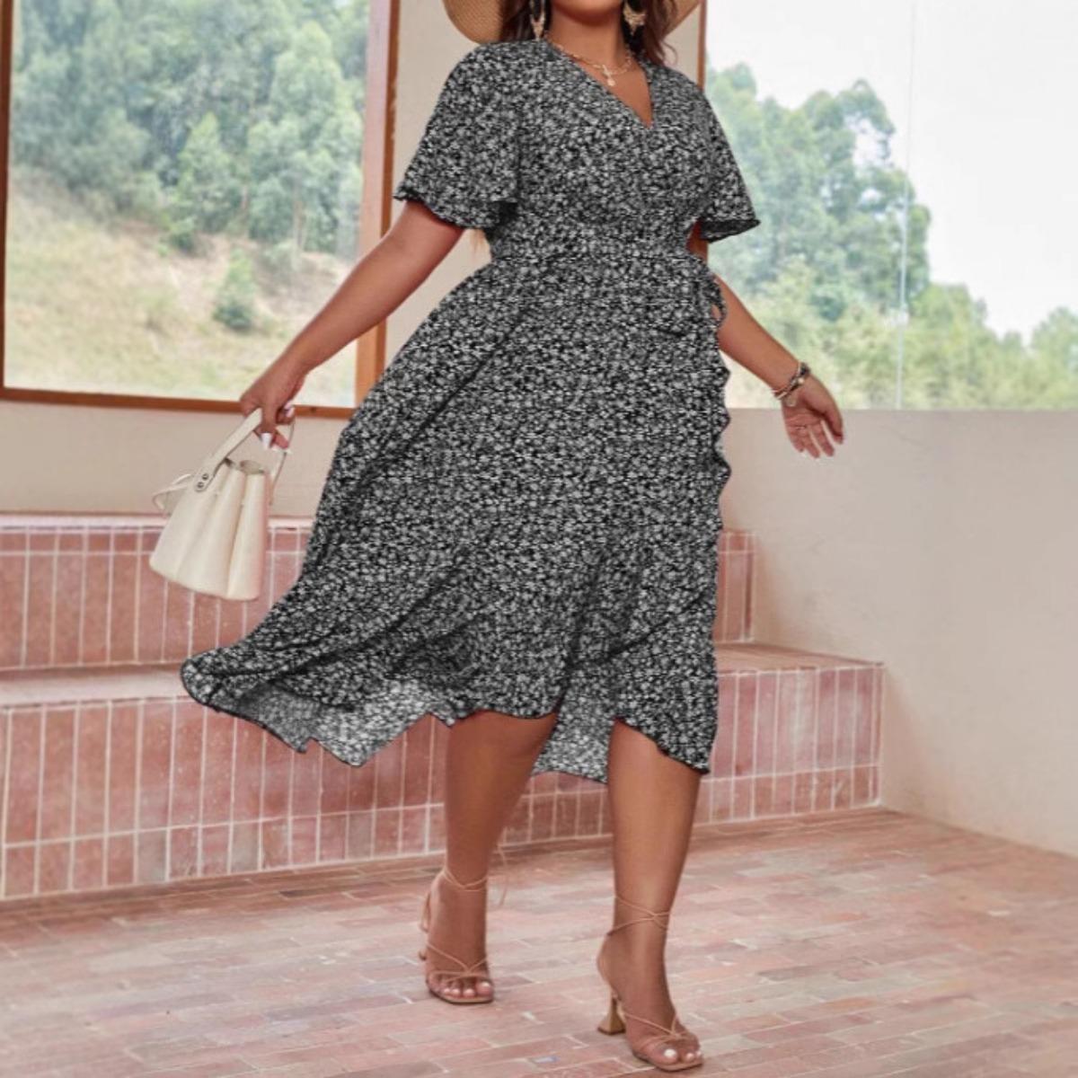 

Bohemian Plus Size Women s V-neck Irregular High Waist Lace-up Print Midi A-line Dress 4XL чорний