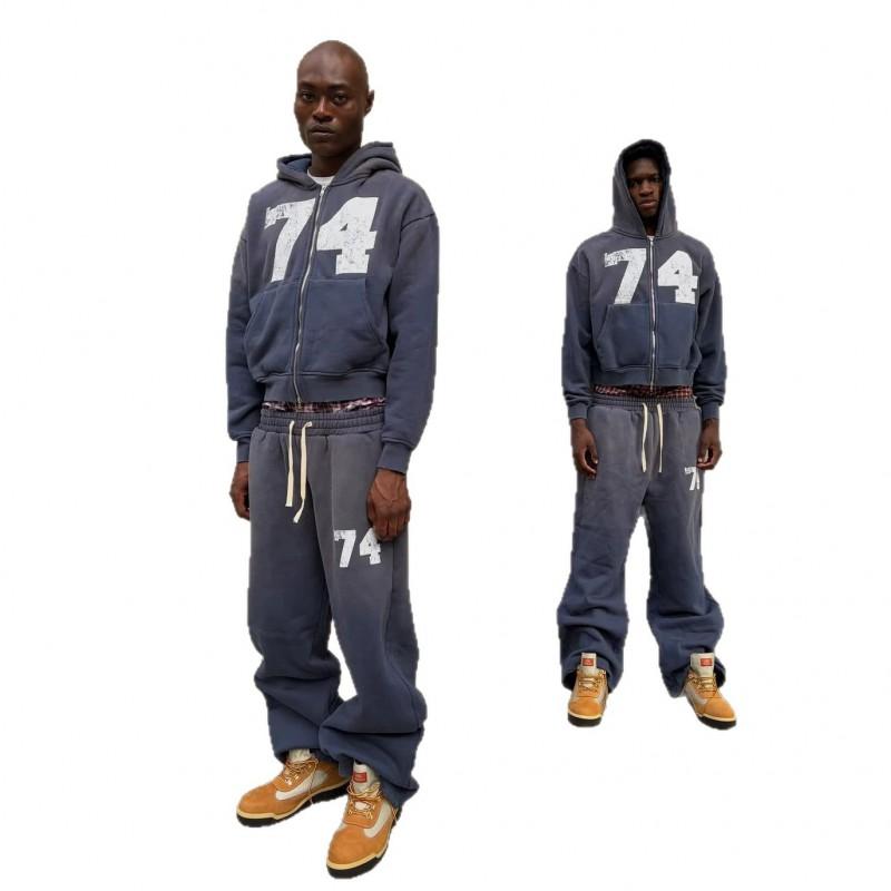 Oversized Hooded Sweatshirt With Bold Number Print Washed Gradient Blue Heavyweight French Terry Unisex Fall Casual Top