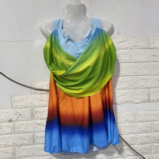 2Pcs/Set Backless Swimsuit Sexy Plus Size Rainbow Print Tankini Set for Beach