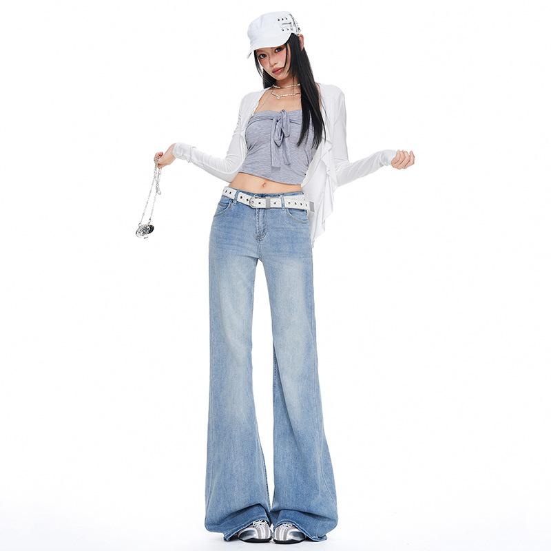 Light blue low-rise slightly pulled jeans women's autumn new models do not stick to the legs loose and thin wide-leg flared pants